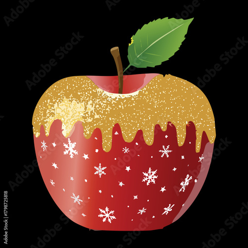 Delicious Red Apple Decorated with Gold Glitter Drizzle, Icing Drips, and White Snowflakes for Christmas - Vector Illustration