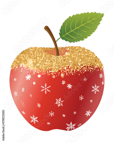 Red Apple Decorated with Sparkling Gold Glitter, White Snowflakes, and Icing Sugar for Festive Season - Vector Illustration
