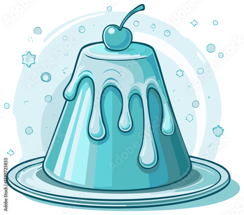 Whimsical Cartoon Jello Dessert with Cherry Topping on Plate, Blue Tones, Illustration
