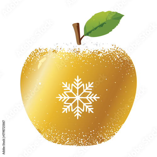 Golden Delicious Apple Decorated with a White Snowflake and Icing Sugar Dusting for Winter Holidays - Vector Illustration