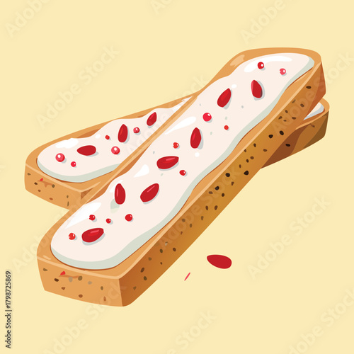 Two Sweet Holiday Pastry Bars Drizzled with White Icing and Red Berry Jam Filling, Ready to Eat - Vector Illustration