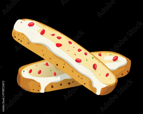 Two Sweet Holiday Pastry Sticks Drizzled with White Icing Glaze and Red Berry Jam Filling - Vector Illustration