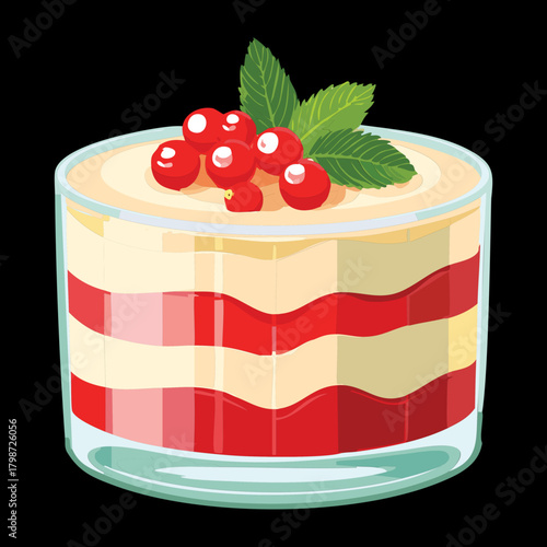 Layered Red and White Christmas Dessert in a Glass with Red Currants, Topped with Cream - Vector Illustration