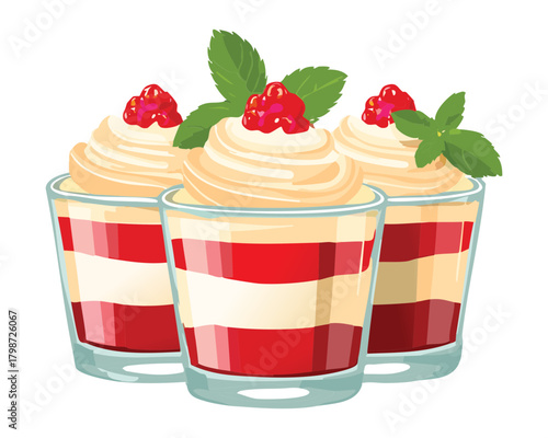 Three Layered Red and White Desserts in Glasses with Red Currants and Whipped Cream Topping - Vector Illustration