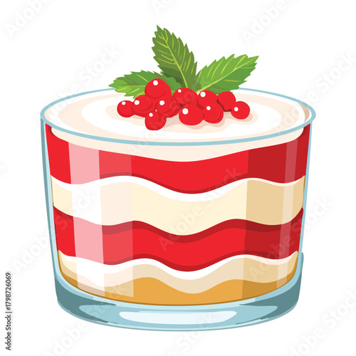 Layered Red and White Dessert in a Glass with Cream and Red Currants, Topped with Mint - Vector Illustration