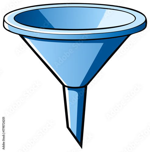 Blue cartoon funnel illustration for filtering, processing, and conversion concepts