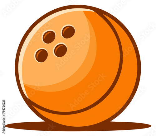 Stylized orange bowling ball with dark brown holes and shadow, vector graphic illustration.