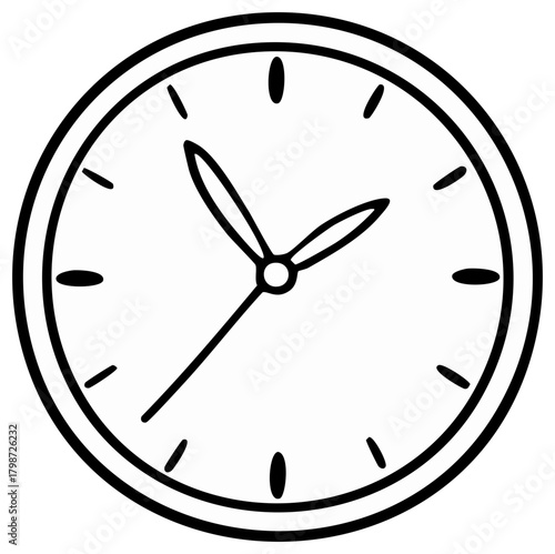 Doodle style clock with hands indicating the time, simple isolated illustration