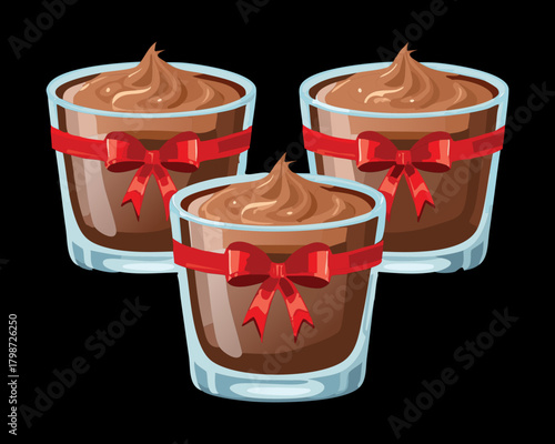 Group of Chocolate Mousse Dessert Shots in Glasses, Tied with Festive Red Ribbons for Holiday Party - Vector Illustration