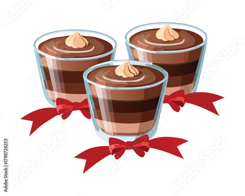 Layers of Chocolate Mousse Dessert Shots Topped with Cream and Tied with Festive Red Ribbon - Vector Illustration