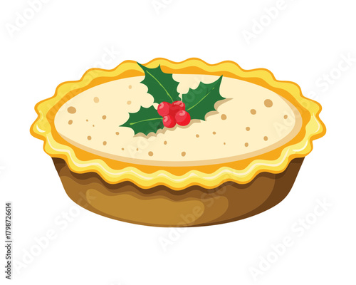 Sweet Golden Mince Pie or Tart with a Fluted Crust and Festive Holly and Berry Decoration - Vector Illustration