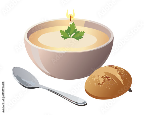 Creamy winter soup served in a rustic brown bowl, garnished with parsley and a small bread roll, a warm and comforting light meal - Vector Illustration