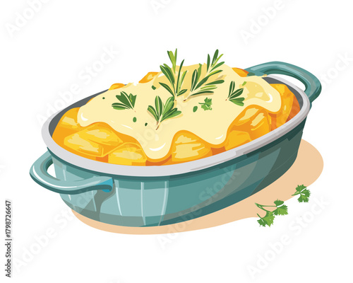 Savory Traditional Shepherds Pie Topped with Mashed Potatoes and Baked until Golden in an Oval Dish - Vector Illustration