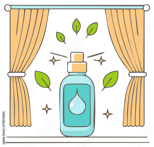 Fresh room spray bottle with natural leaves by a window and curtains illustration