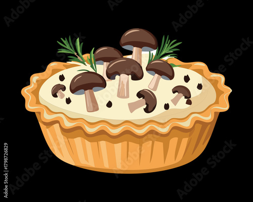 Traditional Savory Tartlet with Mushroom and Cream Cheese Filling, Garnished with Parsley Sprigs - Vector Illustration