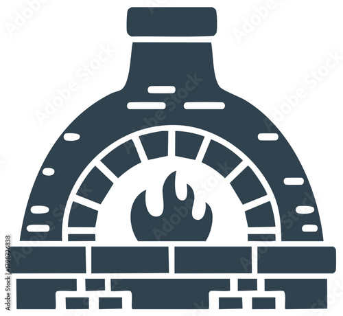 Traditional wood fired brick pizza oven with flames, a simple vector icon for baking and cooking