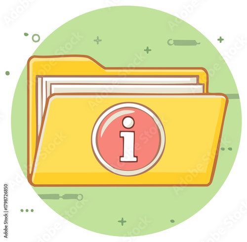 Cartoon information folder with a red information sign inside a green circle.