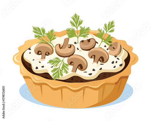 Savory Mini Mushroom Tart with Cream Filling and Fresh Parsley Garnish on a Flaky Pastry Crust - Vector Illustration