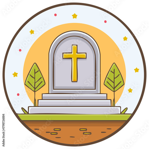 Cartoon grave with cross and trees religious burial memorial symbol illustration