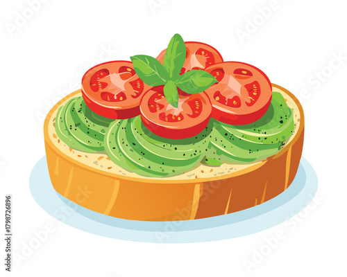Fresh Avocado Toast Topped with Sliced Tomatoes, Basil, and Red Pepper Flakes on Whole Wheat Bread - Vector Illustration