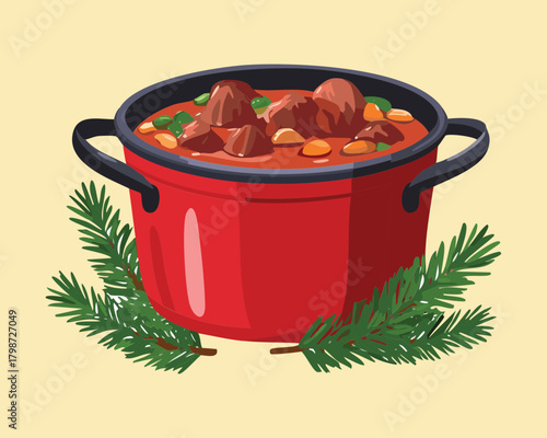 Traditional, rich winter goulash or beef stew served in a decorative red cast iron pot, surrounded by fresh herbs for a comforting family meal - Vector Illustration