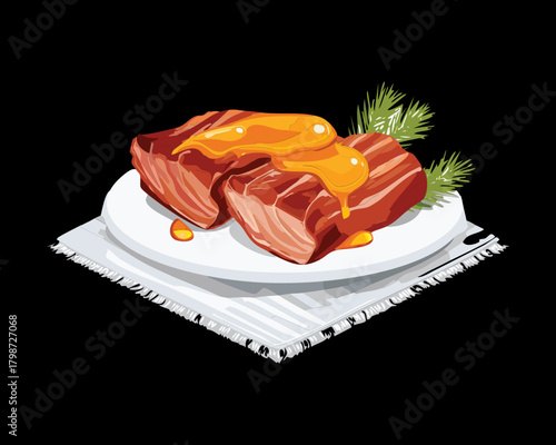 Two slices of succulent roasted beef or pork served on a white napkin, perfectly glazed with a delicious brown gravy or barbecue sauce - Vector Illustration