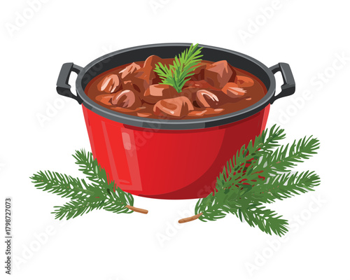 Hearty and robust red stew served in a festive cast iron pot, garnished with fresh green pine sprigs, a perfect winter holiday meal - Vector Illustration