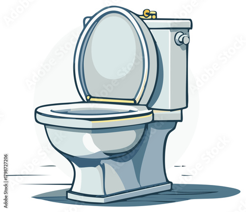 White ceramic toilet with an open lid in a clean modern illustration style bathroom fixture