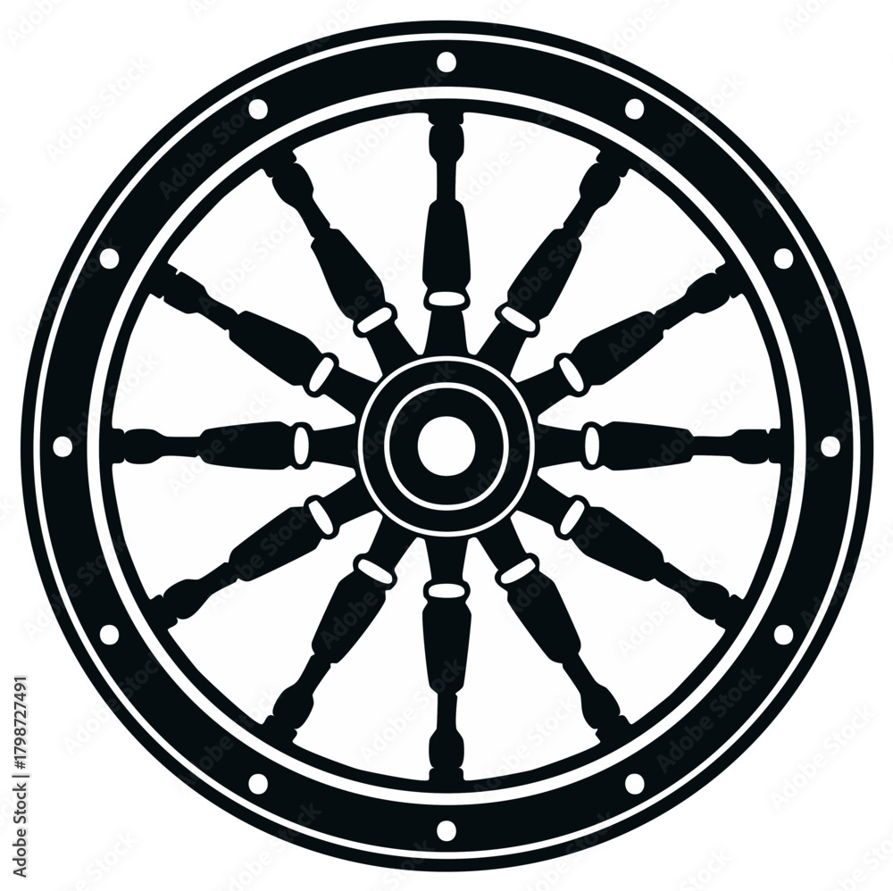 Obraz premium Stylized illustration of a black and white ship's wheel with spokes. Nautical nautical design