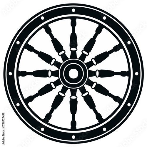 Stylized illustration of a black and white ship's wheel with spokes. Nautical nautical design