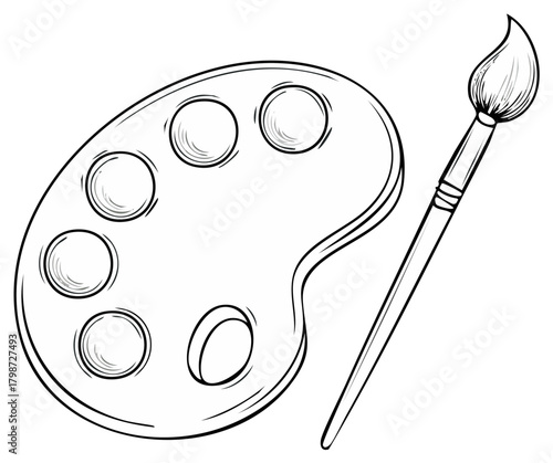 Hand drawn art palette and paintbrush black and white line art illustration