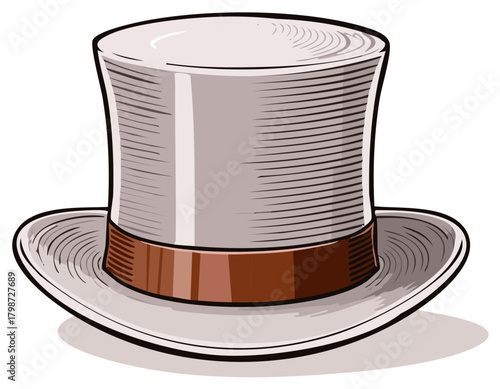 Classic formal grey top hat with brown ribbon band, elegant vintage fashion accessory illustration