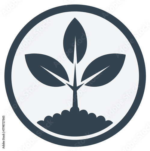Simple dark blue seedling growing from soil inside a circle graphic