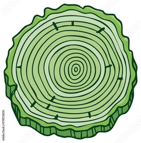 Green cartoon tree stump cross section showing growth rings