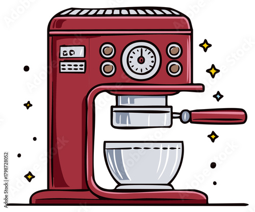 Bright Red Espresso Coffee Machine Cartoon Illustration with Pressure Gauge and Cup