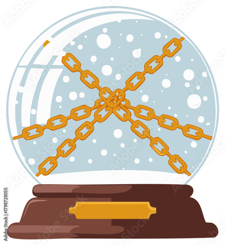 Snow globe with golden chains and snow, illustration concept