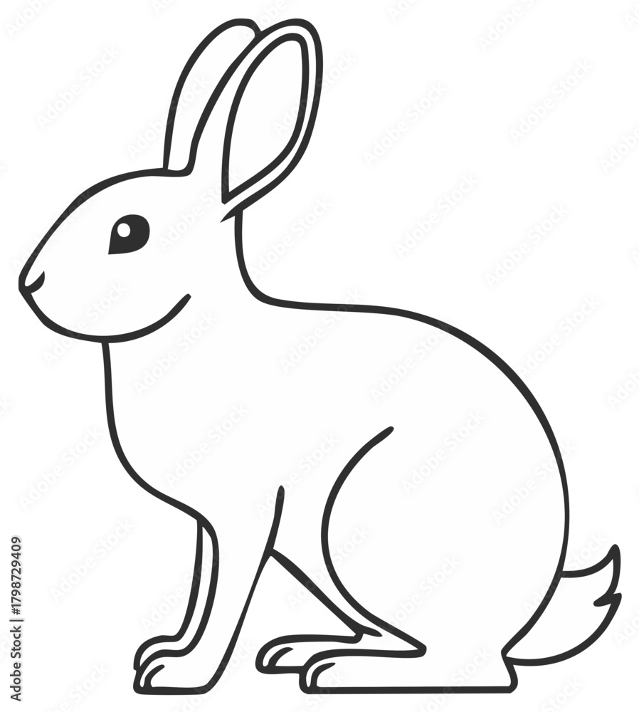 Obraz premium Cartoon rabbit sitting, side view, monochrome illustration.