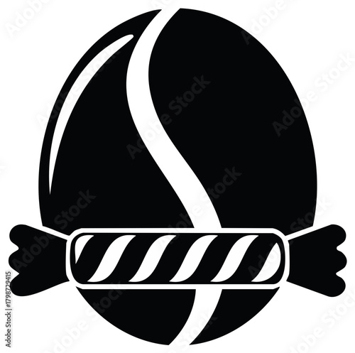 Black and white graphic of a stylized coffee bean wrapped in a striped candy wrapper