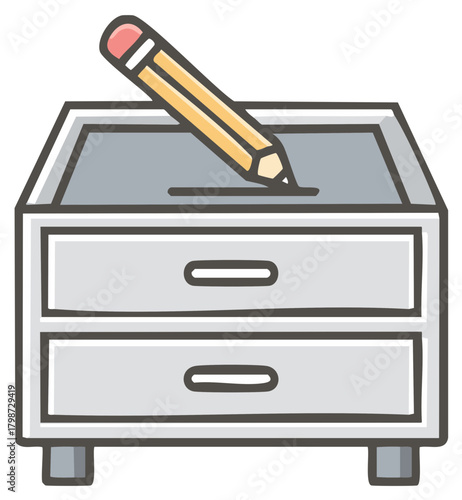 Hand-drawn illustration of a gray filing cabinet with a pencil writing on its surface