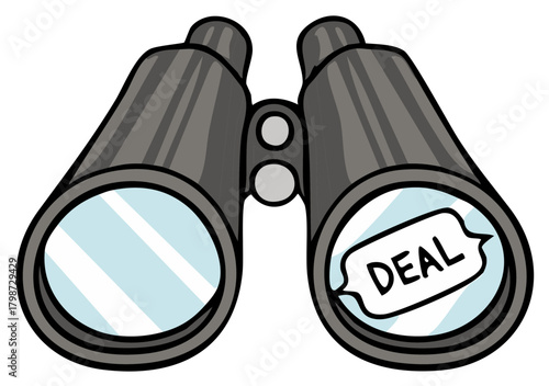 Cartoon illustration of binoculars with the word DEAL in the lens representing finding opportunities and special offers