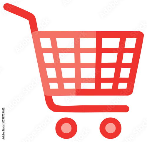 Red shopping cart illustration with two wheels and a handle for commerce and retail