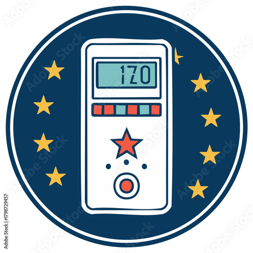 Badge-like illustration of a gadget displaying the number 170 and stars around.