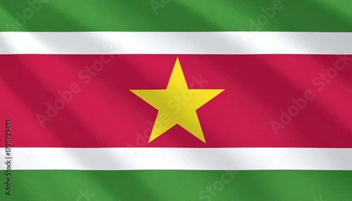 Suriname flag with bold red stripe and central yellow star, symbolizing unity and progress.
