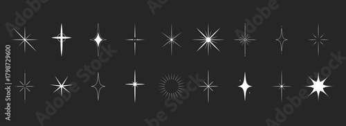 Sparkle stars collection. Elegant star shapes. Shining icons. Flat Vector illustration isolated on black background.
