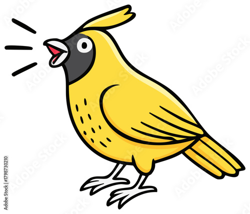 Cartoon yellow singing bird illustration with open beak and feather on head