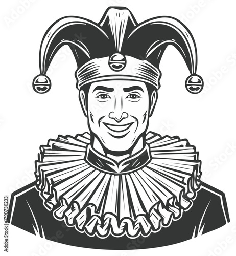 Vintage monochrome illustration of a smiling medieval court jester in a traditional hat and ruff collar