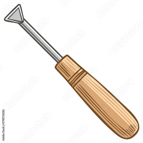 Crafting tool with wooden handle and triangular metal tip used for shaping clay or other materials