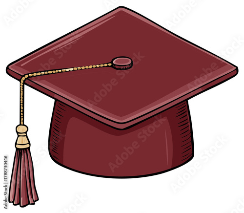 Illustration of a maroon graduation cap with a gold tassel, isolated.