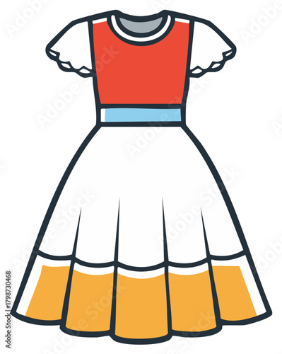Fashionable women's dress, red top with white skirt and orange hem, style illustration