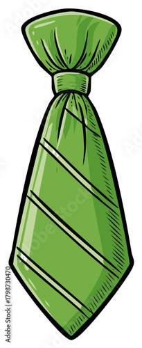 Vibrant green striped necktie cartoon drawing for fashion and celebration
